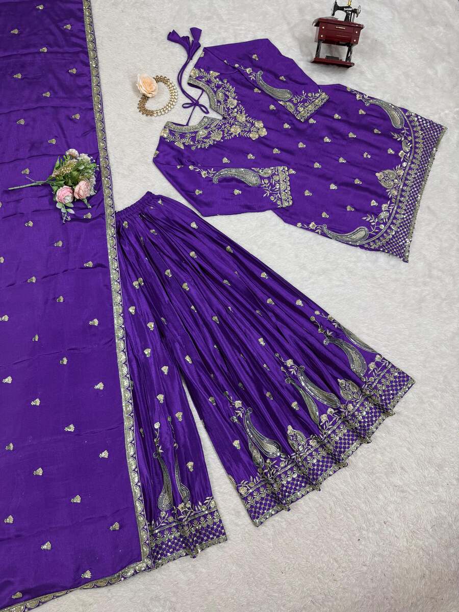 DESIGNER CHINON SILK EMBROIDERY SEQUENCE WORK TOP PALAZZO WITH DUPATTA