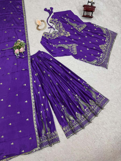 DESIGNER CHINON SILK EMBROIDERY SEQUENCE WORK TOP PALAZZO WITH DUPATTA