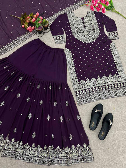 DESIGNER GEORGETTE EMBROIDERY SEQUENCE WORK TOP SHARARA WITH DUPATTA