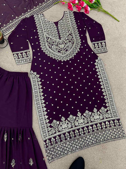 DESIGNER GEORGETTE EMBROIDERY SEQUENCE WORK TOP SHARARA WITH DUPATTA