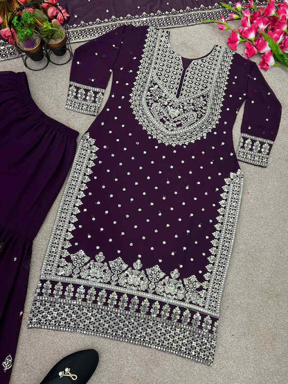 DESIGNER GEORGETTE EMBROIDERY SEQUENCE WORK TOP SHARARA WITH DUPATTA