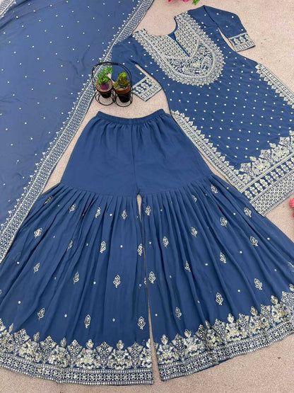 DESIGNER GEORGETTE EMBROIDERY SEQUENCE WORK TOP SHARARA WITH DUPATTA