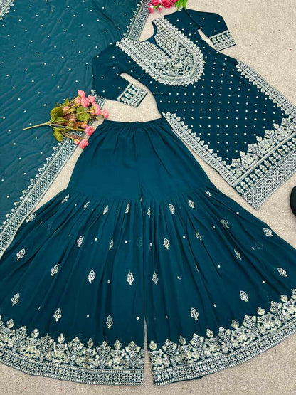 DESIGNER GEORGETTE EMBROIDERY SEQUENCE WORK TOP SHARARA WITH DUPATTA