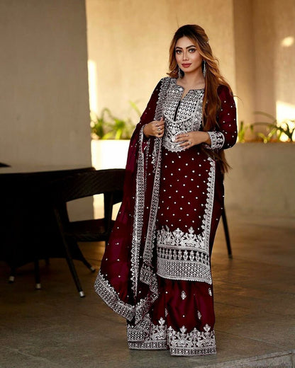 DESIGNER GEORGETTE EMBROIDERY SEQUENCE WORK TOP SHARARA WITH DUPATTA