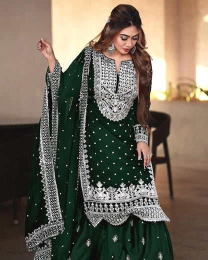 DESIGNER GEORGETTE EMBROIDERY SEQUENCE WORK TOP SHARARA WITH DUPATTA