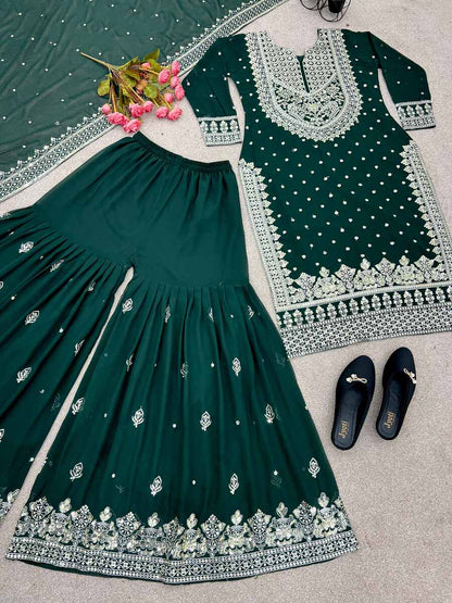 DESIGNER GEORGETTE EMBROIDERY SEQUENCE WORK TOP SHARARA WITH DUPATTA