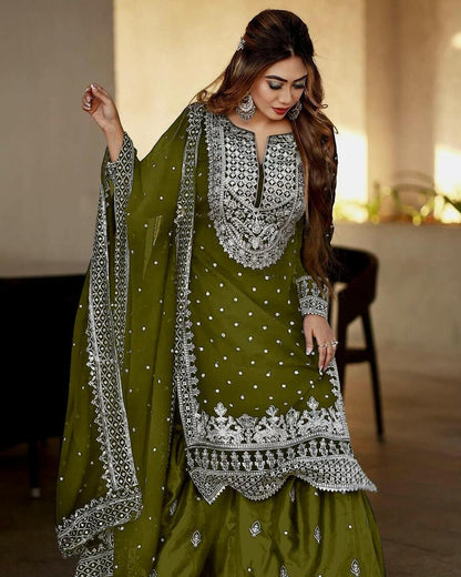 DESIGNER GEORGETTE EMBROIDERY SEQUENCE WORK TOP SHARARA WITH DUPATTA