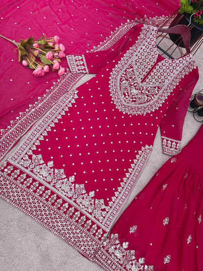 DESIGNER GEORGETTE EMBROIDERY SEQUENCE WORK TOP SHARARA WITH DUPATTA