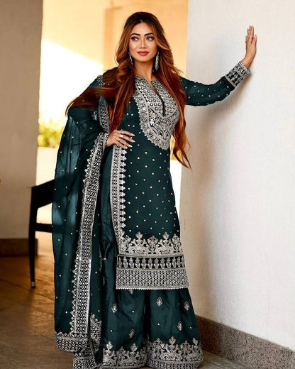 DESIGNER GEORGETTE EMBROIDERY SEQUENCE WORK TOP SHARARA WITH DUPATTA