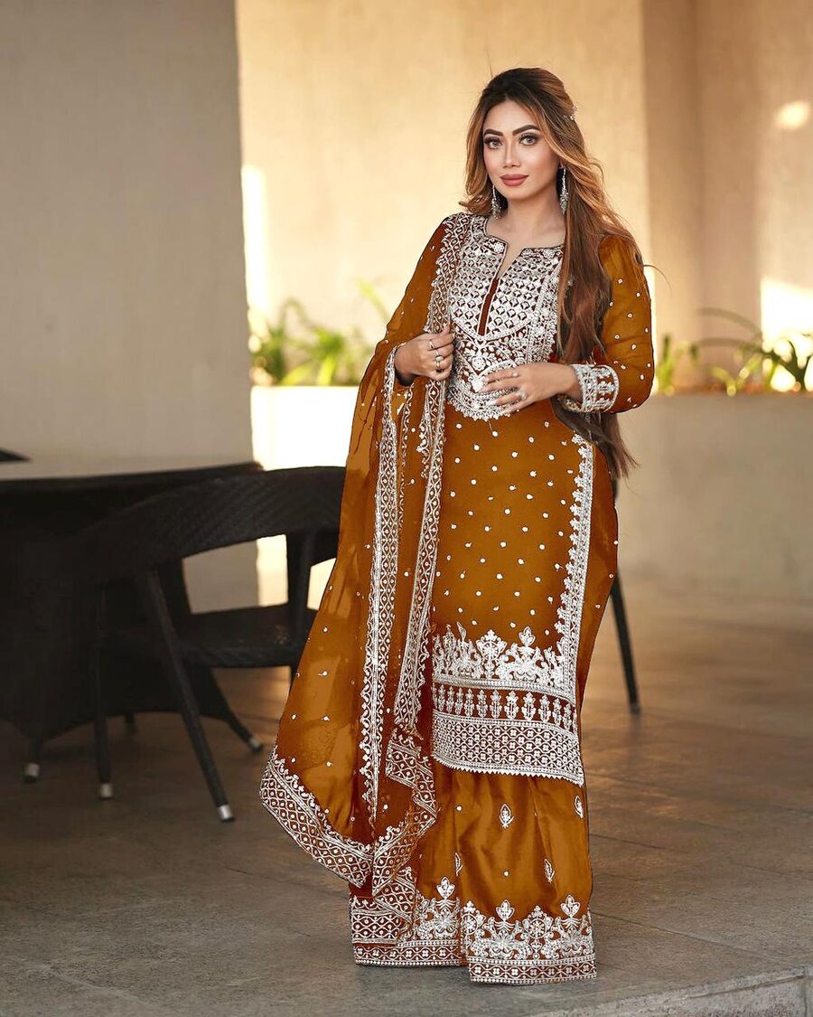 DESIGNER GEORGETTE EMBROIDERY SEQUENCE WORK TOP SHARARA WITH DUPATTA