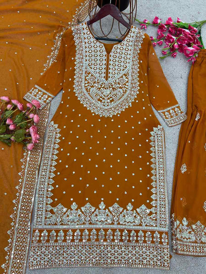 DESIGNER GEORGETTE EMBROIDERY SEQUENCE WORK TOP SHARARA WITH DUPATTA