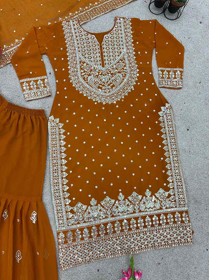 DESIGNER GEORGETTE EMBROIDERY SEQUENCE WORK TOP SHARARA WITH DUPATTA