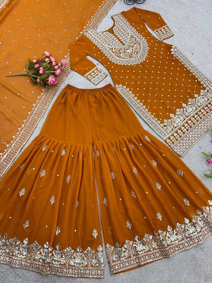 DESIGNER GEORGETTE EMBROIDERY SEQUENCE WORK TOP SHARARA WITH DUPATTA