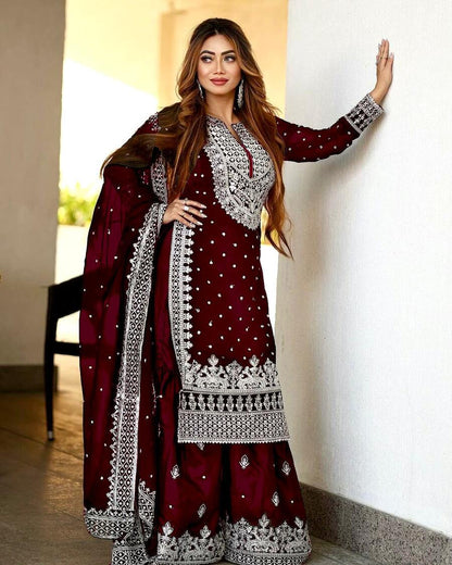 DESIGNER GEORGETTE EMBROIDERY SEQUENCE WORK TOP SHARARA WITH DUPATTA