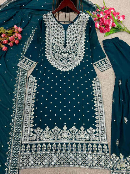 DESIGNER GEORGETTE EMBROIDERY SEQUENCE WORK TOP SHARARA WITH DUPATTA