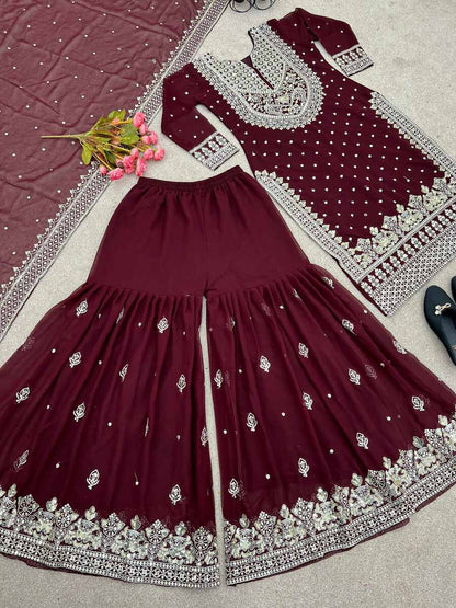 DESIGNER GEORGETTE EMBROIDERY SEQUENCE WORK TOP SHARARA WITH DUPATTA