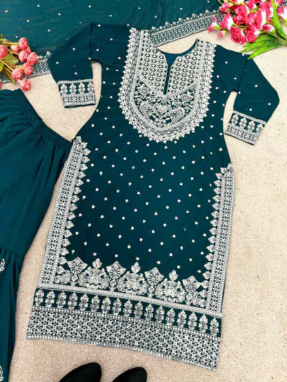 DESIGNER GEORGETTE EMBROIDERY SEQUENCE WORK TOP SHARARA WITH DUPATTA