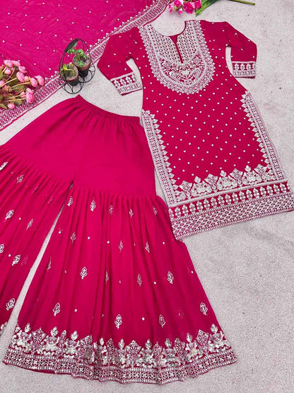 DESIGNER GEORGETTE EMBROIDERY SEQUENCE WORK TOP SHARARA WITH DUPATTA