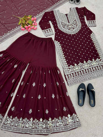 DESIGNER GEORGETTE EMBROIDERY SEQUENCE WORK TOP SHARARA WITH DUPATTA