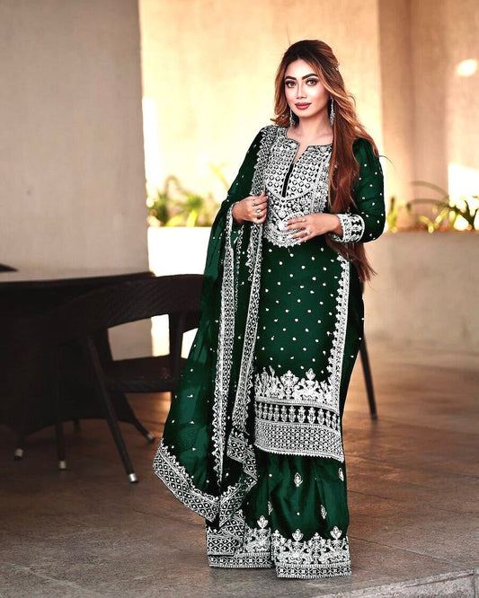 DESIGNER GEORGETTE EMBROIDERY SEQUENCE WORK TOP SHARARA WITH DUPATTA