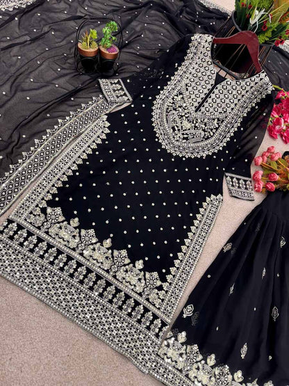 DESIGNER GEORGETTE EMBROIDERY SEQUENCE WORK TOP SHARARA WITH DUPATTA