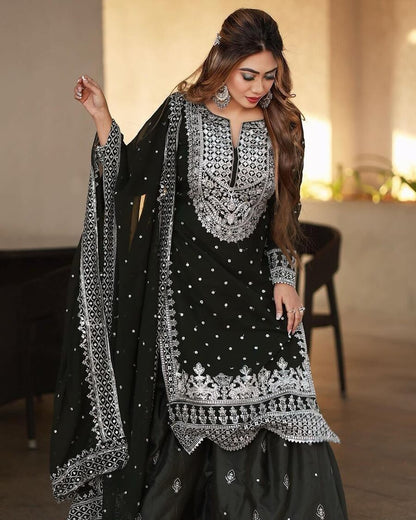 DESIGNER GEORGETTE EMBROIDERY SEQUENCE WORK TOP SHARARA WITH DUPATTA