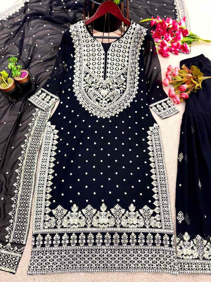 DESIGNER GEORGETTE EMBROIDERY SEQUENCE WORK TOP SHARARA WITH DUPATTA