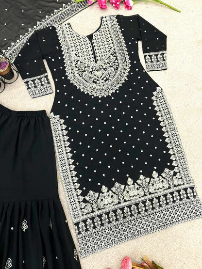 DESIGNER GEORGETTE EMBROIDERY SEQUENCE WORK TOP SHARARA WITH DUPATTA