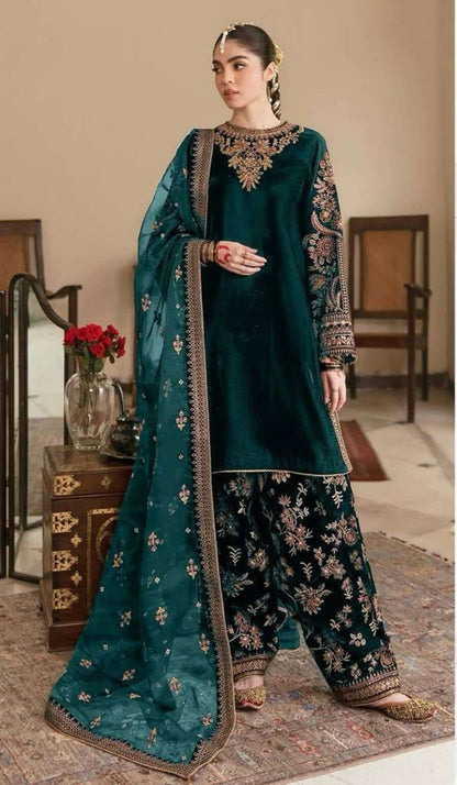 VELVET EMBRODIERY SEQUENCE TOP BOTTOM WITH DUPATTA BROWN