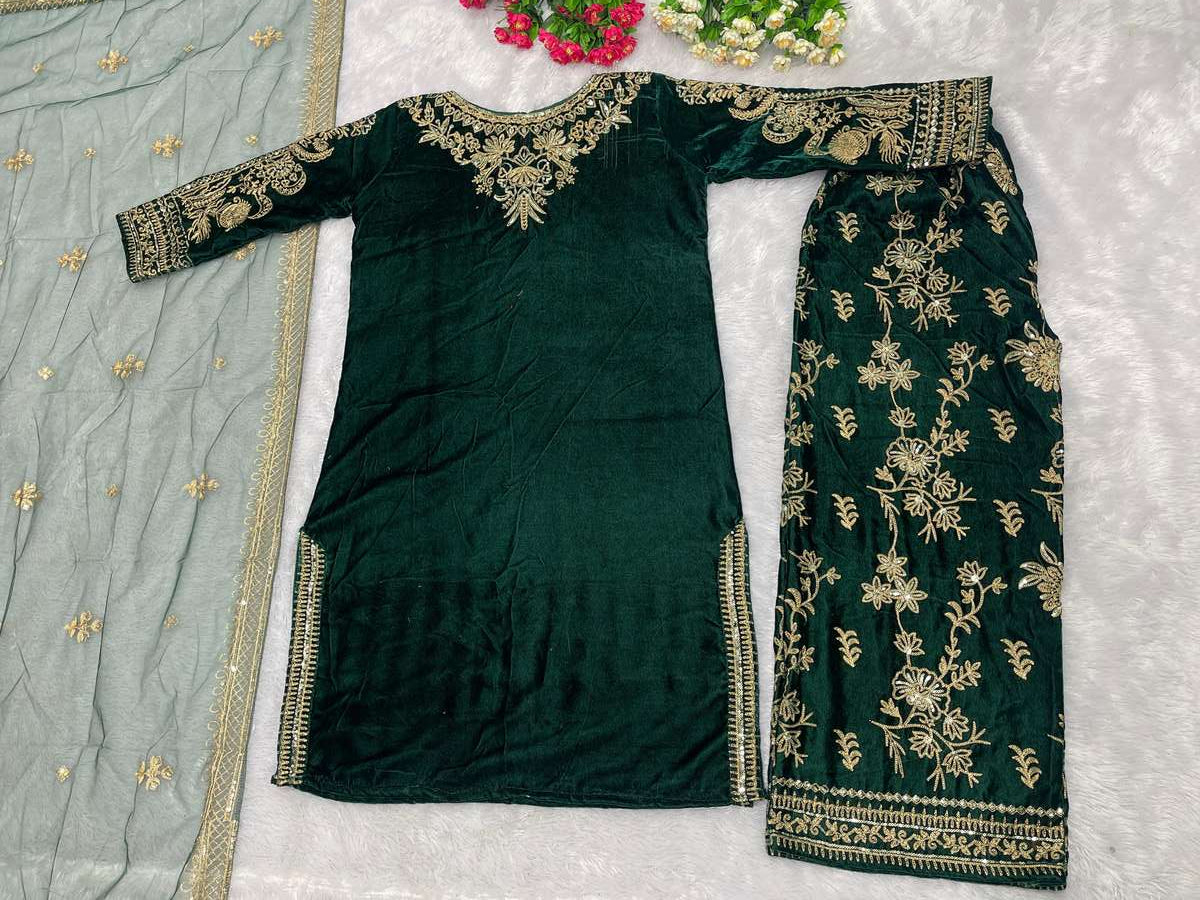 VELVET EMBRODIERY SEQUENCE TOP BOTTOM WITH DUPATTA BROWN