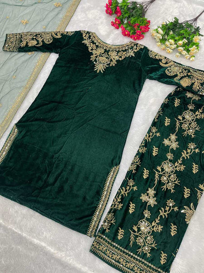 VELVET EMBRODIERY SEQUENCE TOP BOTTOM WITH DUPATTA BROWN