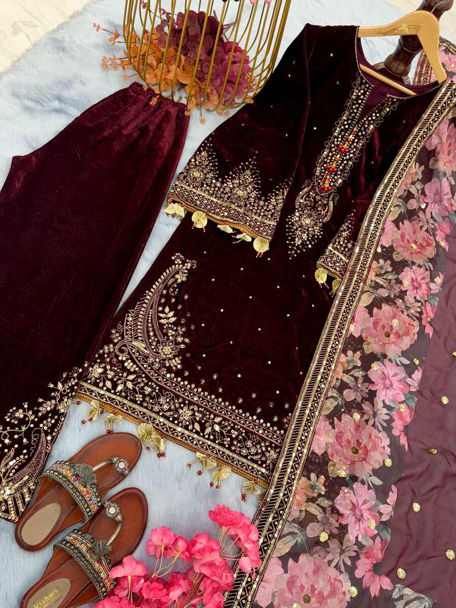 DESIGNER VELVET EMBROIDERY SEQUENCE WORK TOP PALAZZO WITH DUPATTA MAROON