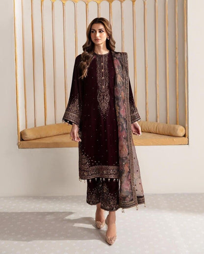 DESIGNER VELVET EMBROIDERY SEQUENCE WORK TOP PALAZZO WITH DUPATTA MAROON