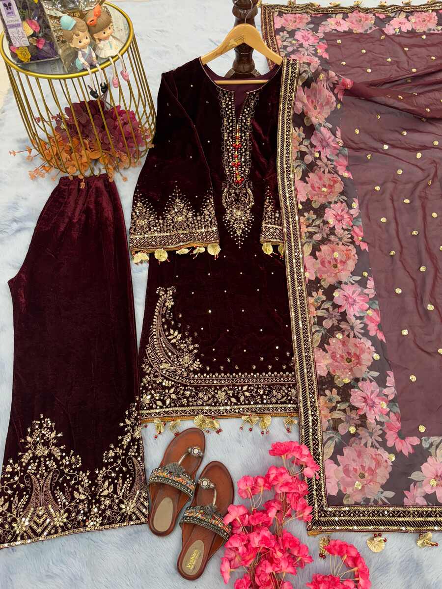 DESIGNER VELVET EMBROIDERY SEQUENCE WORK TOP PALAZZO WITH DUPATTA MAROON