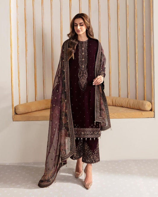 DESIGNER VELVET EMBROIDERY SEQUENCE WORK TOP PALAZZO WITH DUPATTA MAROON