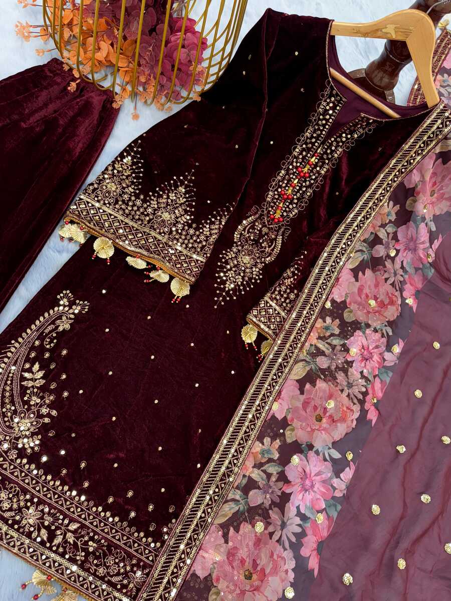 DESIGNER VELVET EMBROIDERY SEQUENCE WORK TOP PALAZZO WITH DUPATTA MAROON