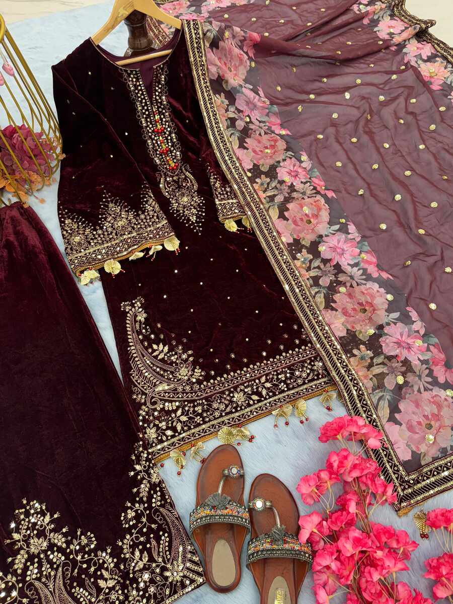 DESIGNER VELVET EMBROIDERY SEQUENCE WORK TOP PALAZZO WITH DUPATTA MAROON