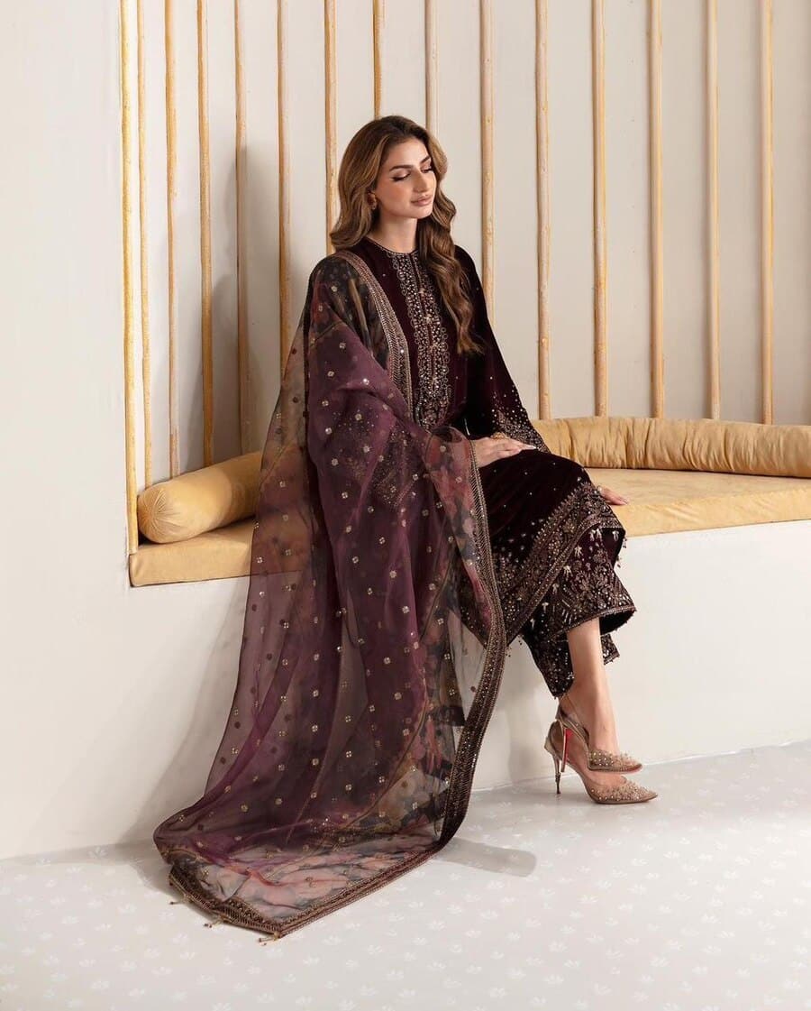 DESIGNER VELVET EMBROIDERY SEQUENCE WORK TOP PALAZZO WITH DUPATTA MAROON