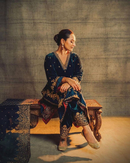 DESIGNER VELVET EMBROIDERY SEQUENCE WORK TOP PALAZZO WITH DUPATTA