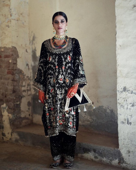 DESIGNER VELVET EMBROIDERY THREAD SEQUENCE WORK TOP PALAZZO WITH DUPATTA
