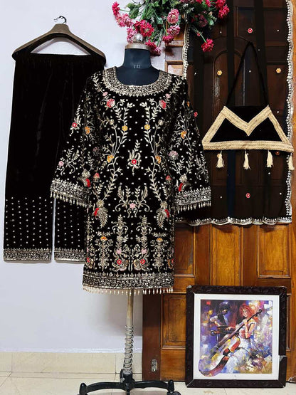 DESIGNER VELVET EMBROIDERY THREAD SEQUENCE WORK TOP PALAZZO WITH DUPATTA