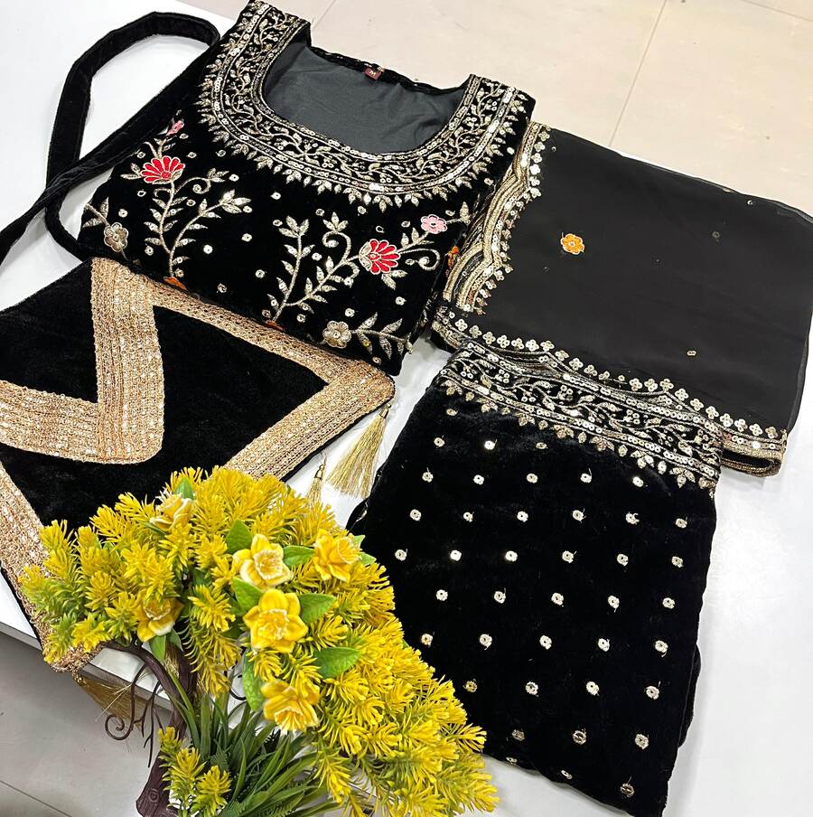 DESIGNER VELVET EMBROIDERY THREAD SEQUENCE WORK TOP PALAZZO WITH DUPATTA