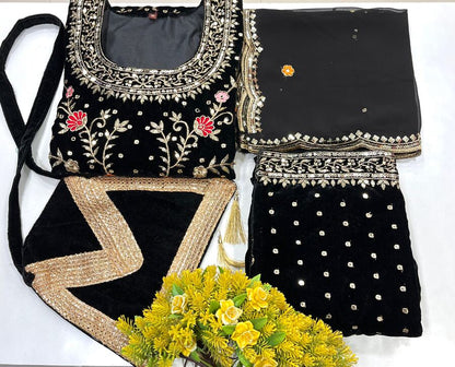DESIGNER VELVET EMBROIDERY THREAD SEQUENCE WORK TOP PALAZZO WITH DUPATTA