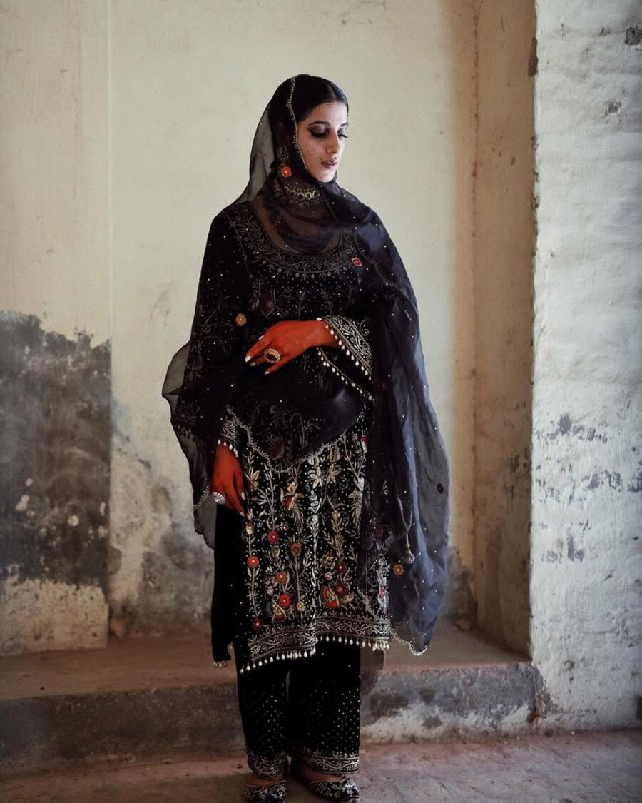 DESIGNER VELVET EMBROIDERY THREAD SEQUENCE WORK TOP PALAZZO WITH DUPATTA