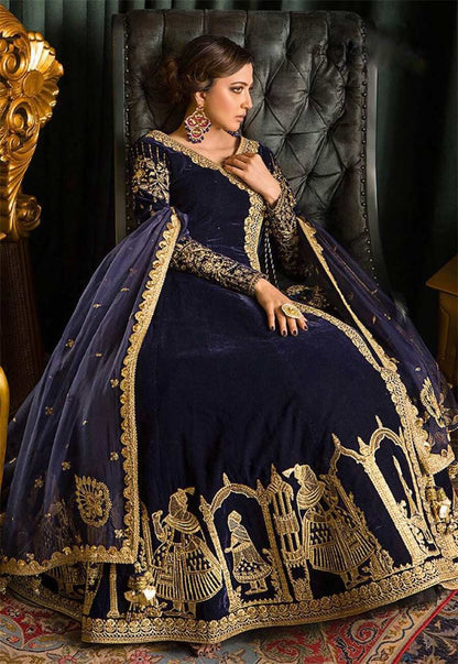 DESIGNER VELVET EMBROIDERY WORK GOWN WITH DUPATTA NAVY BLUE