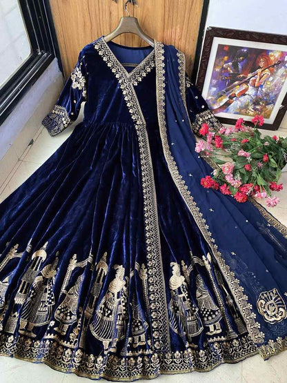 DESIGNER VELVET EMBROIDERY WORK GOWN WITH DUPATTA NAVY BLUE