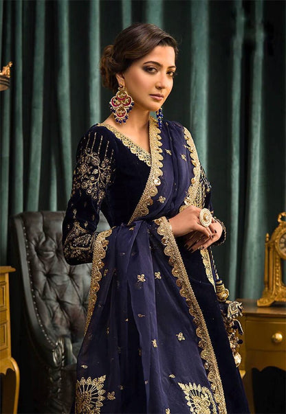 DESIGNER VELVET EMBROIDERY WORK GOWN WITH DUPATTA NAVY BLUE