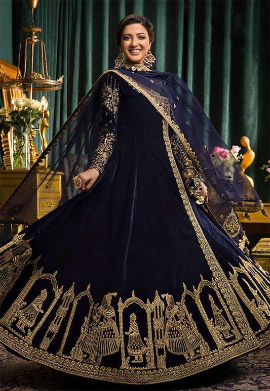 DESIGNER VELVET EMBROIDERY WORK GOWN WITH DUPATTA NAVY BLUE