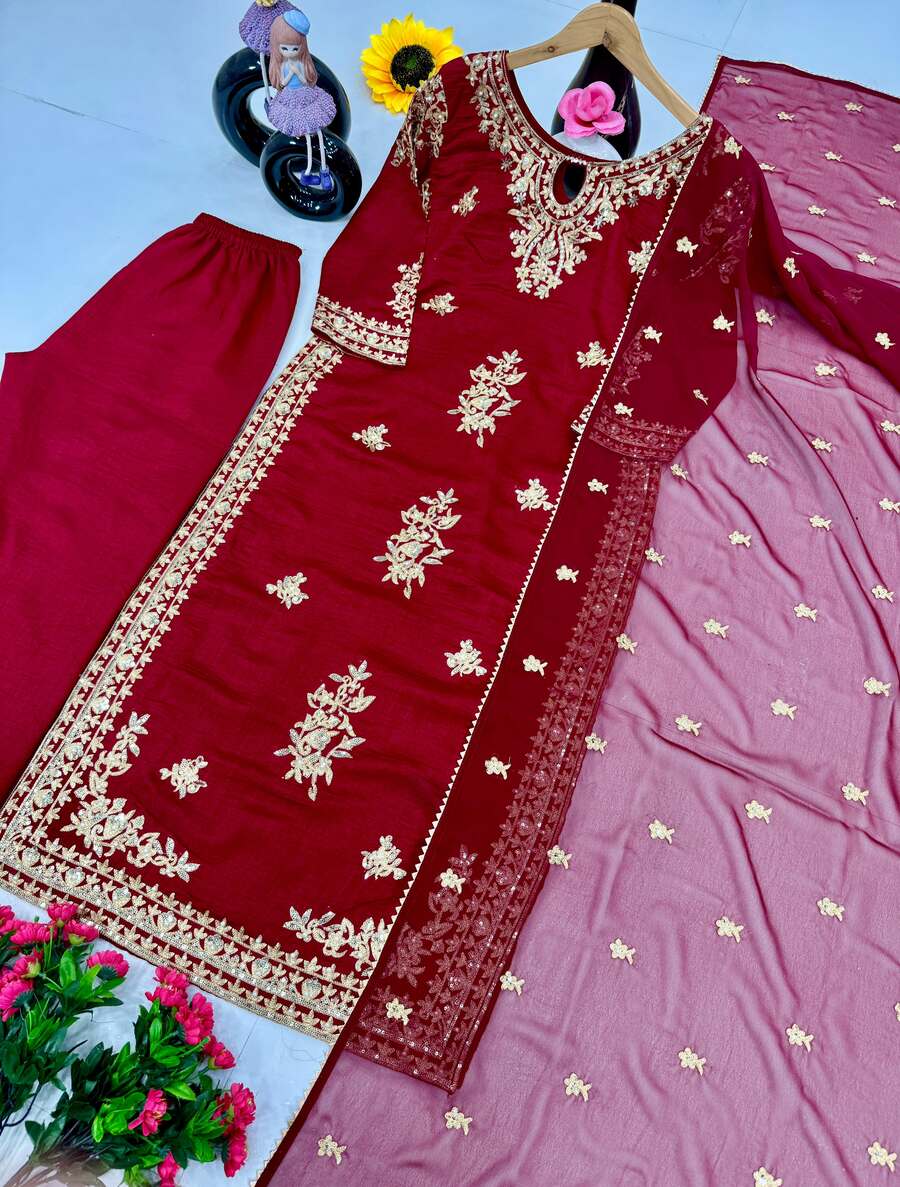 DESIGNER VICHITRA SILK EMBROIDERY SEQUENCE WORK TOP BOTTOM WITH DUPATTA RED