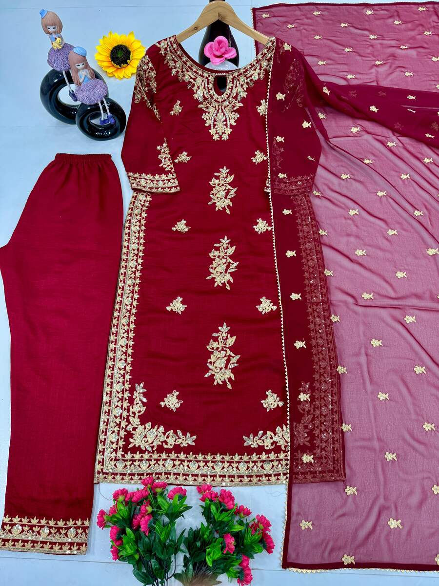 DESIGNER VICHITRA SILK EMBROIDERY SEQUENCE WORK TOP BOTTOM WITH DUPATTA RED